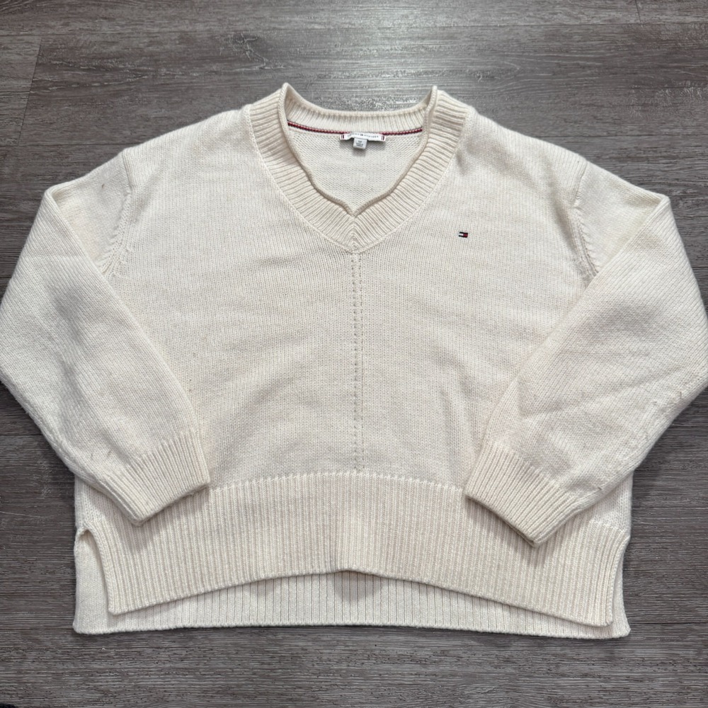 Tommy Hilfiger Sweater Women S Cream Alpaca Wool Heritage Quiet Comfort V-Neck